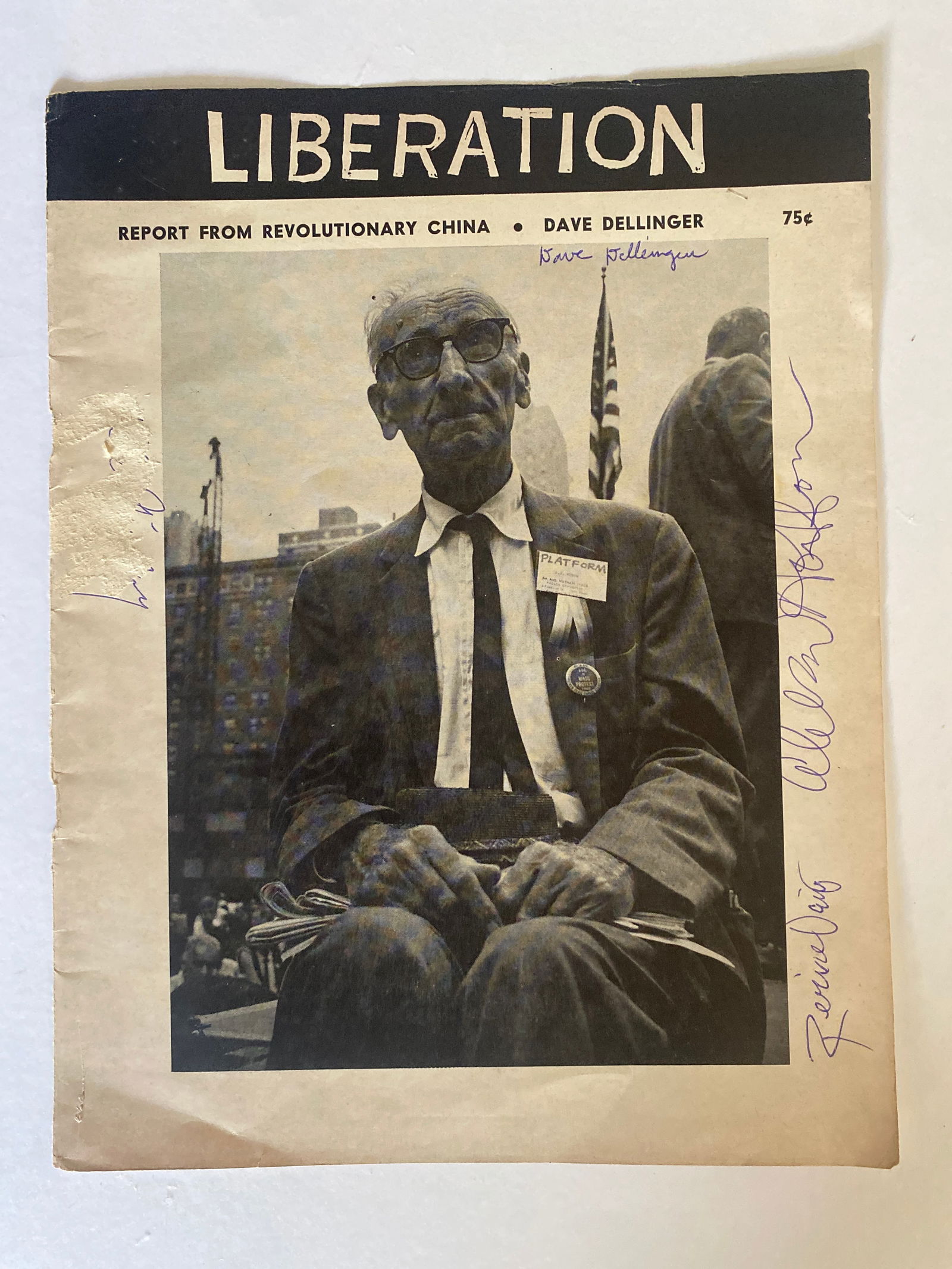 Yippies Abby Hoffman signed magazine cover: Cover signed by members of the yippee 1960s political movement Dave Dellinger, Abby Hoffman, and Rennie Davis signed