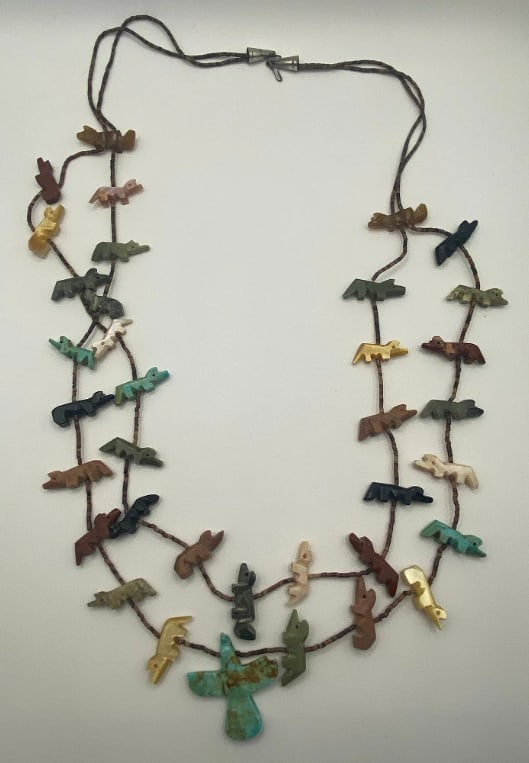 Antique Native American Hopi Turquoise Silver Heishi Effigy Necklace: Measures 28"