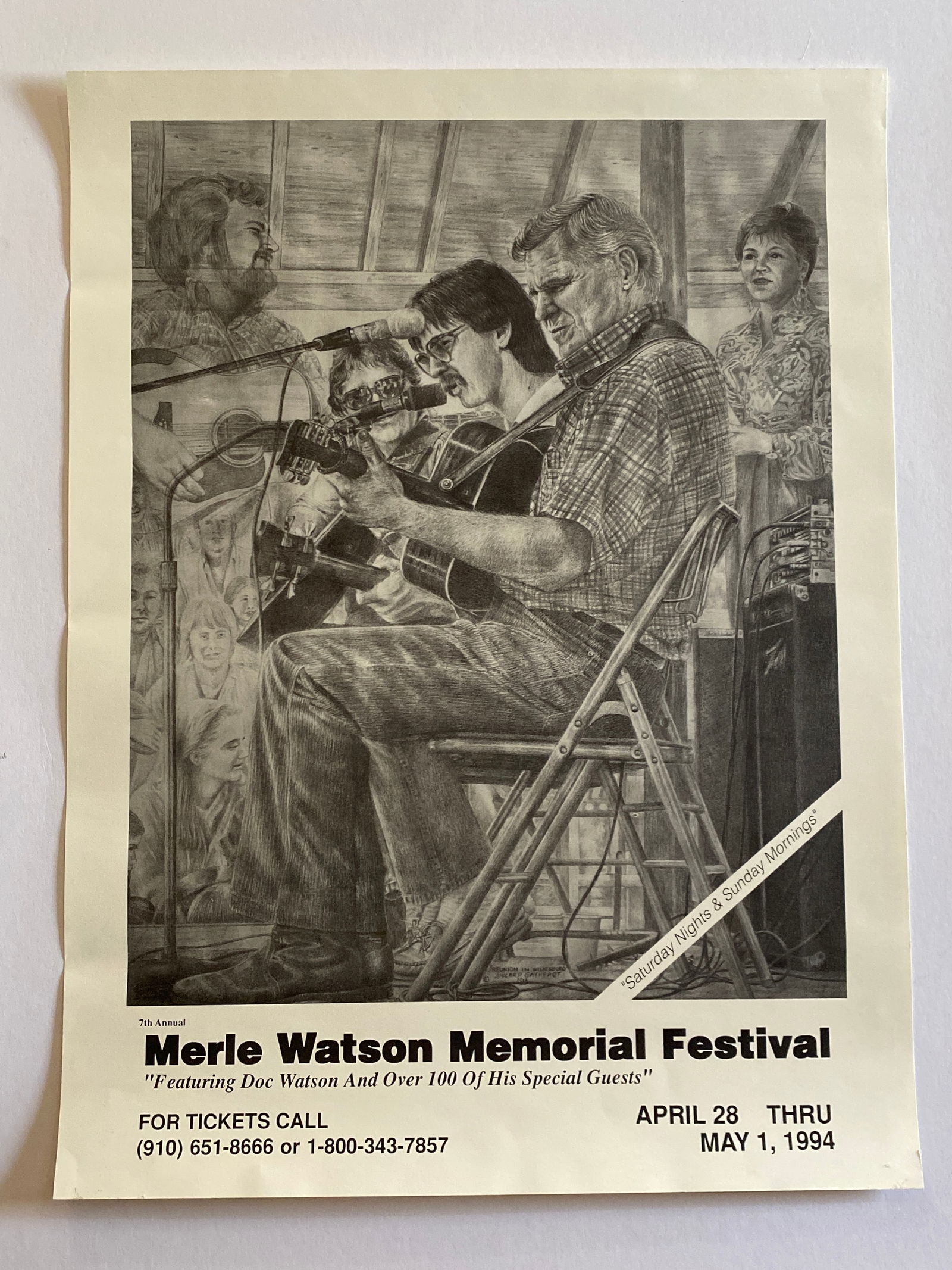 Doc Watson 1994 Merlefest Bluegrass Concert Poster: Very Rare Concert poster for Doc Watson connected to the 1994 MerleFest festival in Wilkesboro, North Carolina. MerleFest was founded by Doc Watson in memory of his son Merle Watson and became a