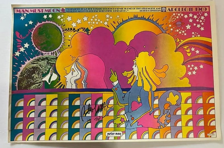 Peter Max Signed Apollo 1969 Poster: Measures 10.75X 16