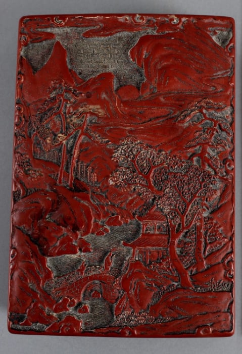Antique Chinese Carved Red Cinnabar Box: Qing Dynasty Measures Measuring 5” by 7 ½” by 1.5