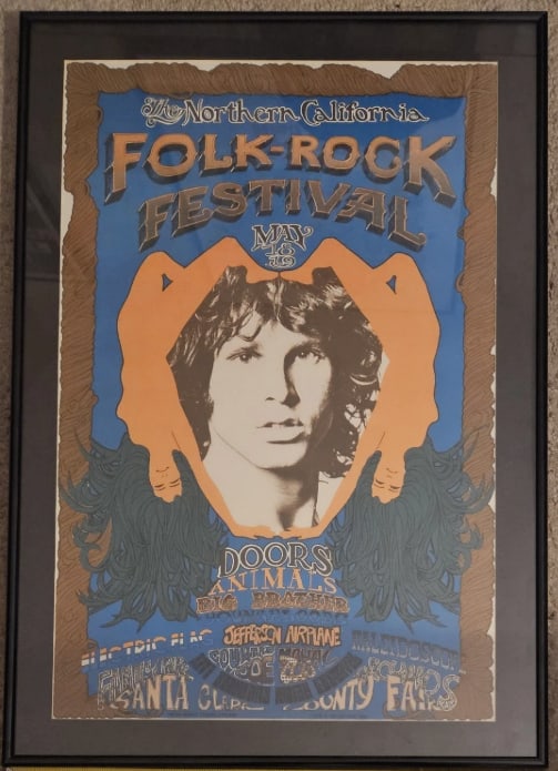 The Doors 1968 Northern Ca Folk Festival Concert Poster: 1st Printing . measures 25x17 with frame.