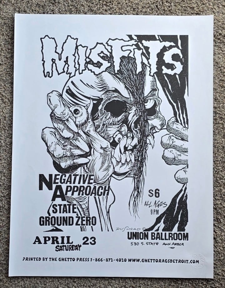Misfits 1983 Test Print Concert Poster: This Misfits 1983 test print concert poster represents an early or pre-production printing associated with the influential horror punk band formed in the late 1970s. Test prints were typically
