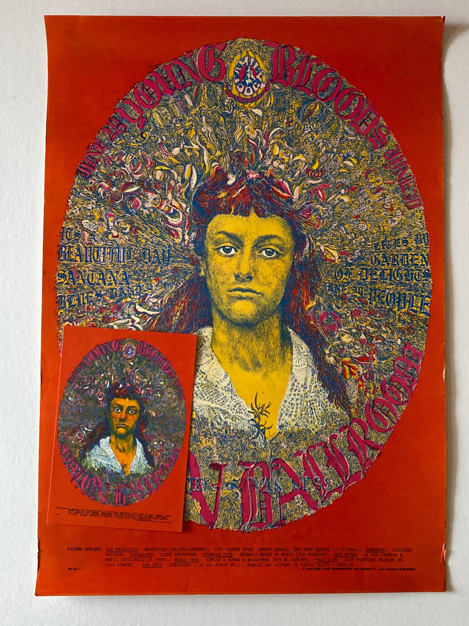 Youngbloods & Santana 1968 Avalon Ballroom Concert Poster and Postcard: Fd125-1 and measures 14x20