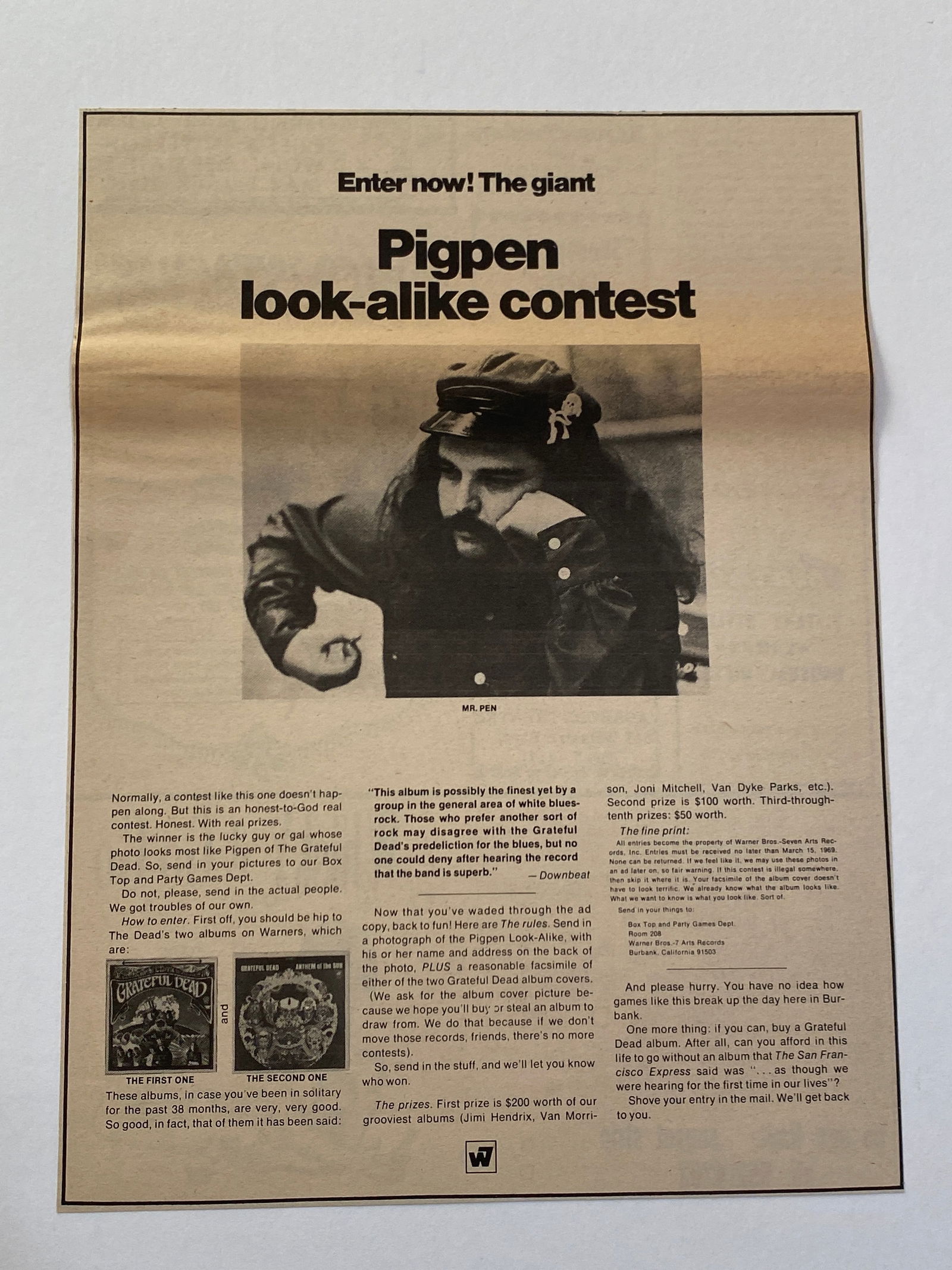 Grateful Dead Pigpen Anthem of the Sun 1969 Ad Poster: Offered for auction is a rare 1969 Grateful Dead – Anthem of the Sun promotional advertising poster, featuring a dynamic collage of black-and-white performance imagery highlighting founding member