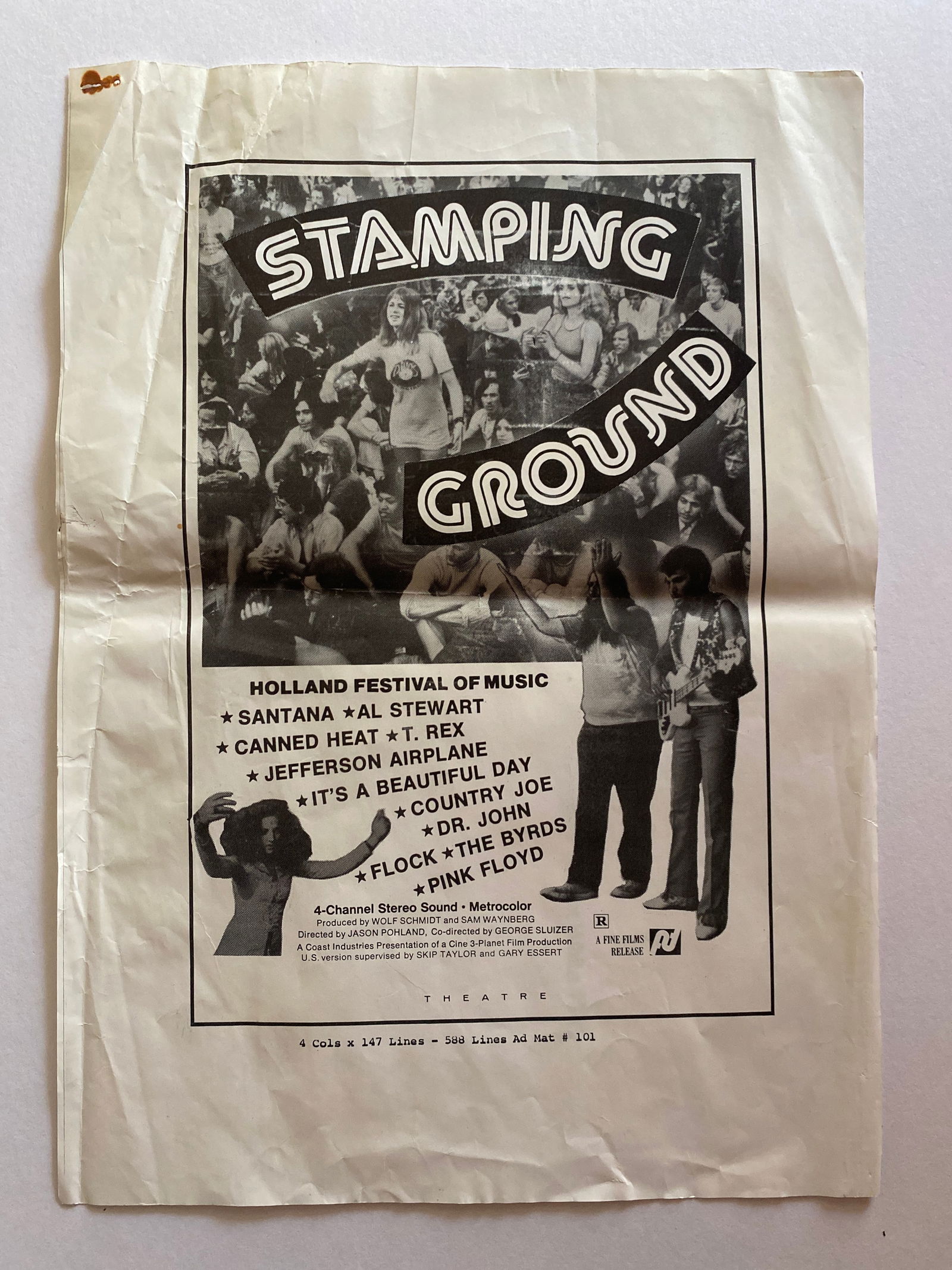 Pink Floyd 1970 Holland Music Festival Concert Poster: 1st Printing and Measures 14x10