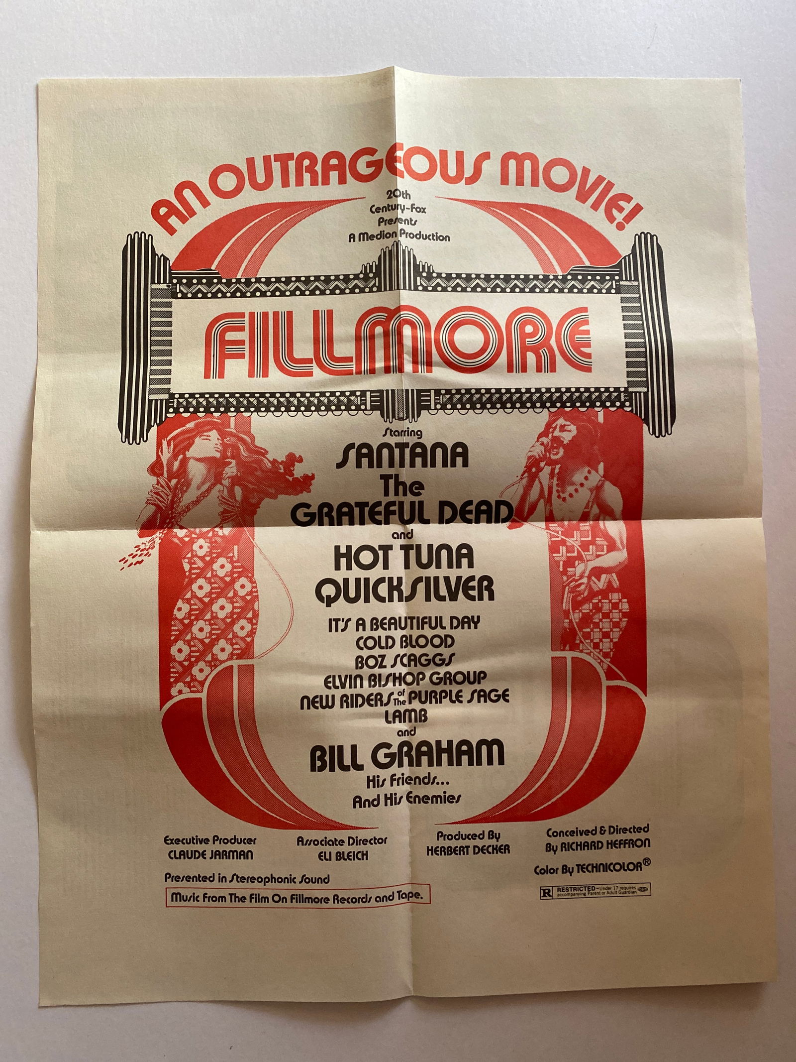 Grateful Dead 1972 Fillmore Movie Theatre Promo Poster 1st Printing: 1972 Fillmore movie theatre promotional poster featuring the Grateful Dead during one of the most celebrated periods of their career. This striking black-and-white collage design captures the raw ener