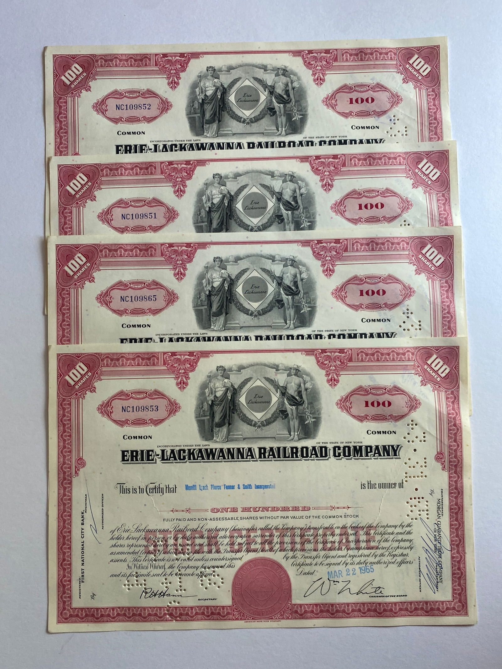 Eerie Lackawanna Railroad Company Stock Certificate: Set of 4