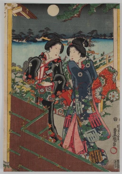 19th Century Utagawa Kunisada Japanese Woodblock Print: The Eighth Month (Hazuki), from the series Annual Events for Young Murasaki (Wakamurasaki nenjû gyôji no uchi)—left two sheets of triptychDate: 1847–52 (Kôka 4–Kaei 5)Signed: Ichiyôsai Toyok