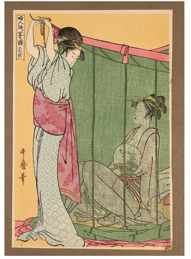 19th Century Suzuki Harunobu Japanese Woodblock Print: Offered for auction is a beautiful woodblock print titled Women Overnight Guests by celebrated ukiyo-e master Kitagawa Utamaro, measuring approximately 10.75" x 7.25". This refined composition depicts
