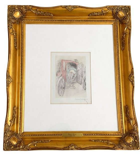 Louis Icart 1946 A Handy Carriage Color Etching: This 1946 color etching, A Handy Carriage, is a classic example of Louis Icart’s signature style, blending Parisian sophistication with playful charm. Icart’s use of the "drypoint" etching techniq