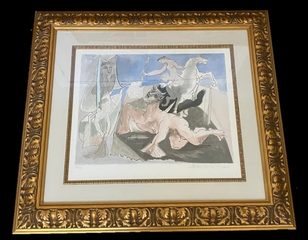 Pablo Picasso 1979 Composition Lithograph Marina Picasso Signed: This lithograph was part of the prestigious Marina Picasso Collection, printed after the artist's death under the supervision of his granddaughter. It is hand-signed by Marina Picasso and features an