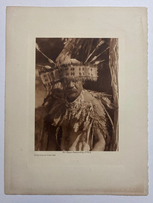 1924 Antique Edward Curtis Pomo CA Native American Photogravures: The Pomo people are indigenous to Northern California, and Curtis’s 1924 images are celebrated for their focus on the tribe's world-renowned basketry and traditional village life. This photogravure