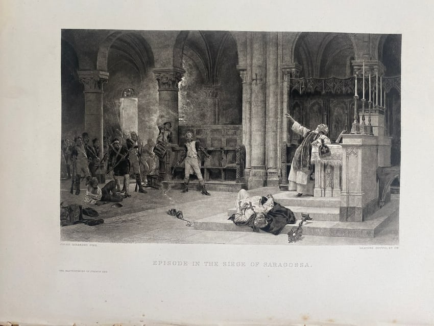 Episode In The Siege of Saragossa 19th century gravure: This stirring 19th-century gravure, titled "Episode In The Siege of Saragossa," vividly depicts a pivotal moment of resistance from the Peninsular War. Based on the celebrated 1835 painting by French