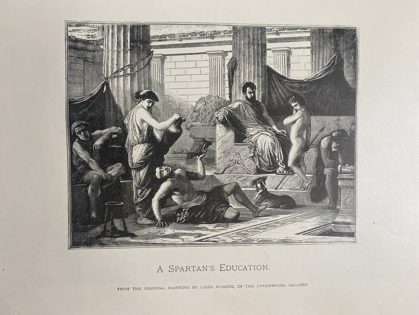A Spartans Education 19th Century Gravure Etching: This handsome 19th-century gravure etching, titled "A Spartan's Education," is a classic example of academic storytelling and historical genre art. Based on the original 1850 painting by Italian maste