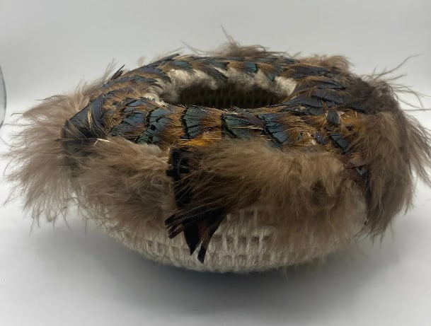 Pomo Native American Tribe 20th Century Basket: 20th century Pomo Native American basket featuring classic weaving patterns and construction, reflecting continued tradition and cultural artistry. Measures 2.75” high with a 6” base