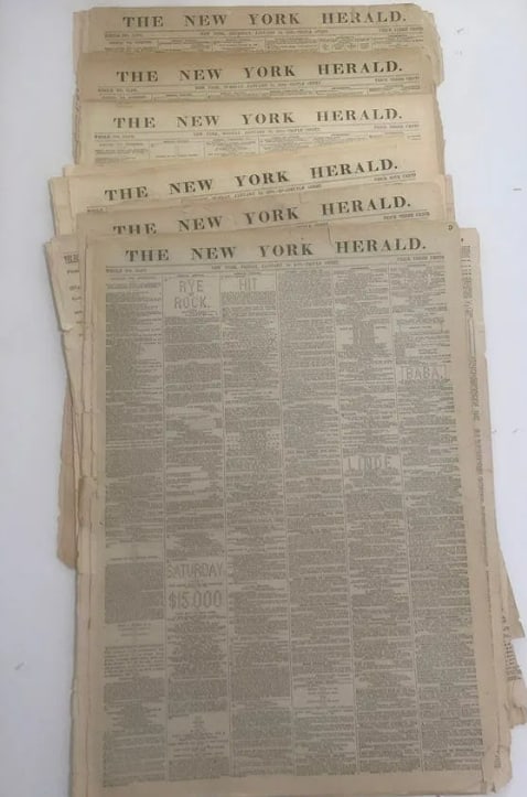 19 Century New York Herald Newspapers: Sequential Newspapers. Papers show wear consistent with age
