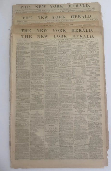 19th Century New York Herald Newspapers: January 27-30, 1879. Complete papers. Newspapers show wear consistent with age.