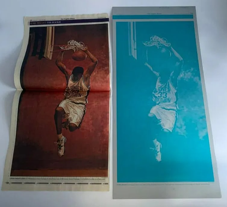 Kobe Bryant LA Times Tribute Metal Printing Sheet: Metal newspaper printing sheet produced as a Los Angeles Times tribute to Kobe Bryant, offering a unique piece of sports and media history. Measures 23.5x11