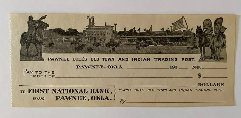 Pawnee Bill Original Circus Check: Original circus check issued by Pawnee Bill, offering a rare piece of documentation connected to early American entertainment history.