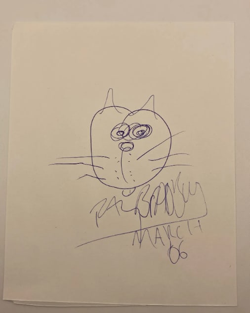 Ray Bradbury Signed Drawing: Original drawing signed by Ray Bradbury, offering a rare crossover collectible combining literary history and personal artwork. Measures 6.25x5.5