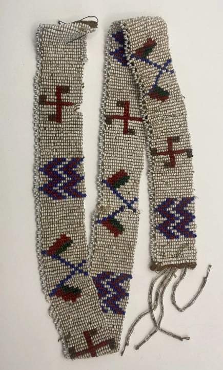 Native American Apache Loom Beaded Ceremonial Necklace: 19th to very Early 20th Century Apache beaded ceremonial necklace featuring intricate craftsmanship and traditional design elements. 23” long and 1.25” wide