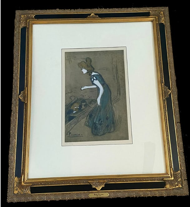 Picasso Women in Blue Dress Lithograph: Lithograph after Pablo Picasso depicting a woman in a blue dress, offering strong visual appeal tied to modern art traditions.Measures 36.75x30.75