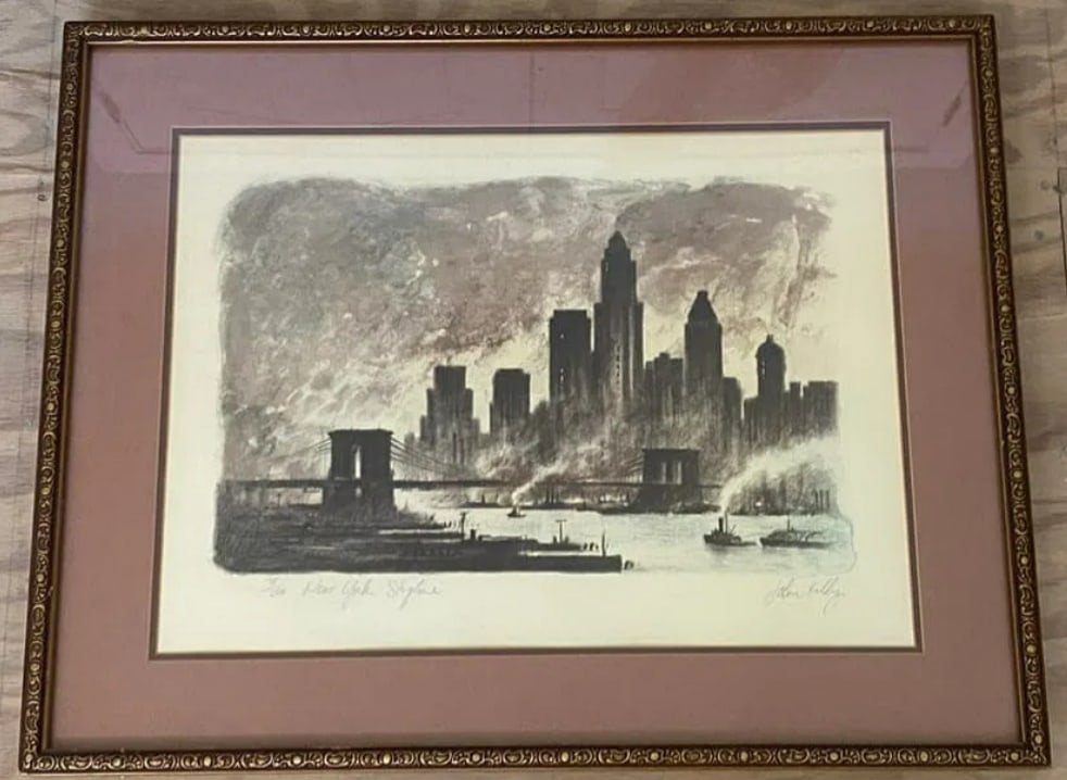 John Kelly New York Skyline Lithograph 75/200 COA: Large Limited edition New York skyline lithograph by John Kelly numbered 75/200, capturing an iconic urban scene.