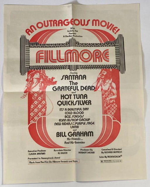 Grateful Dead Fillmore Movie Concert Poster: 1st printing. Measures 22x17.5