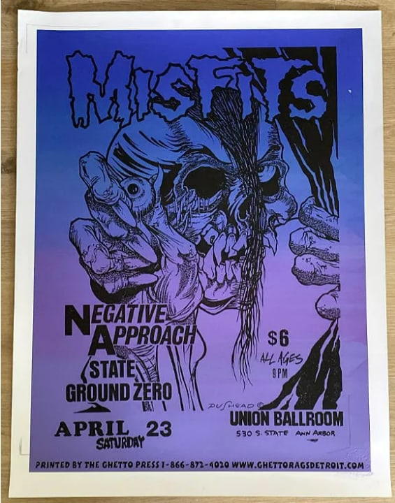 Misfits 1983 Test Print Concert Poster: This Misfits 1983 test print concert poster represents an early or pre-production printing associated with the influential horror punk band formed in the late 1970s. Test prints were typically