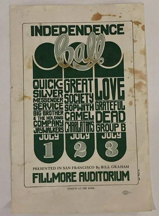 Grateful Dead Independence Hall Handbill: Original promotional handbill for a Grateful Dead performance at Independence Hall, featuring classic psychedelic-era design and strong appeal for collectors of vintage rock memorabilia. Measures