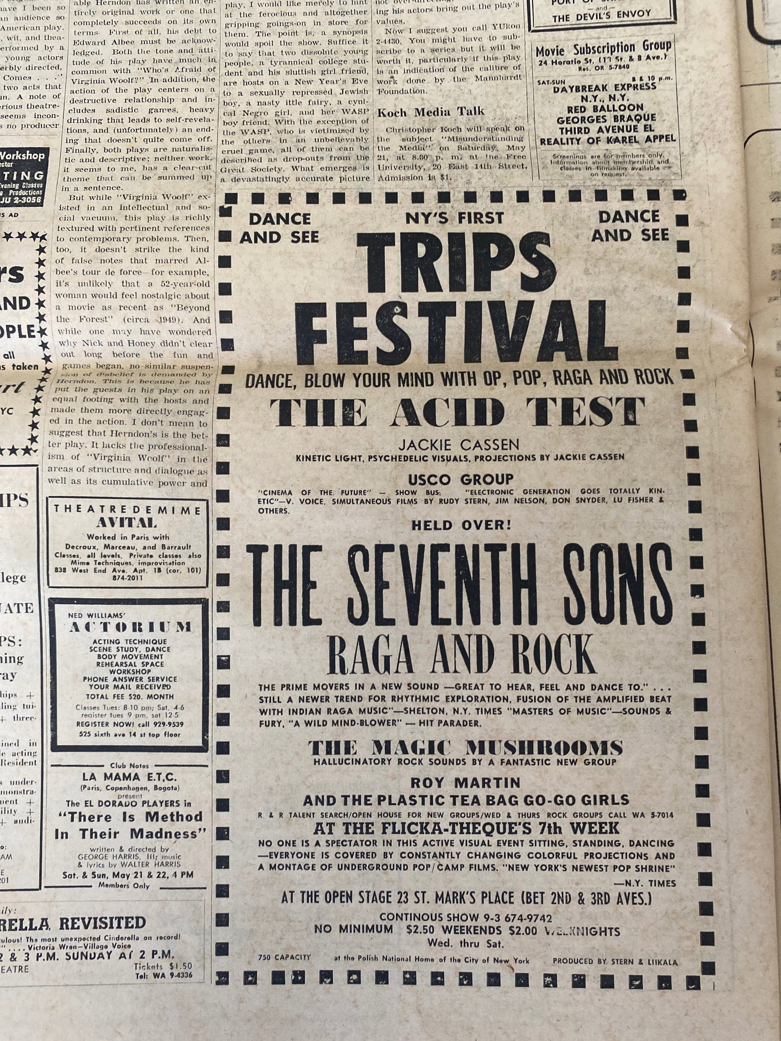 Acid Test 1966 Advertisement: Original Village Voice advertisement for a 1966 Acid Test event in NYC