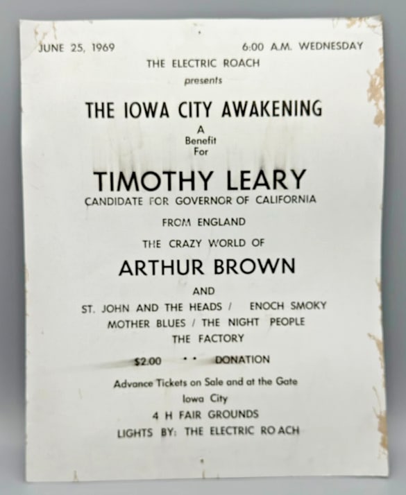 Timothy Leary 1969 Ca Governor Event Flyer: Original 1st Printing Measures 11x14