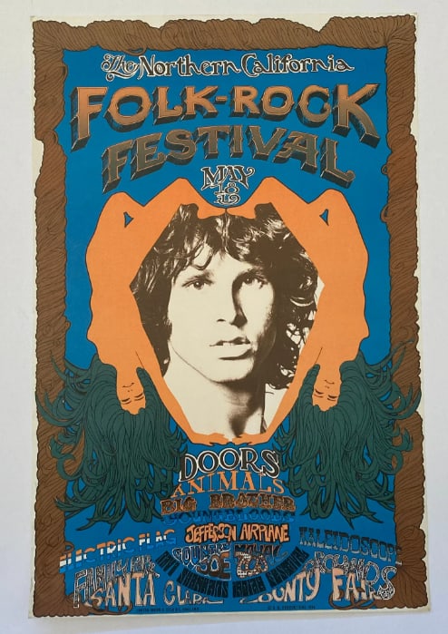 Doors 1968 Folk Rock Festival Poster: 1st Printing. Measures 21.75x14.25