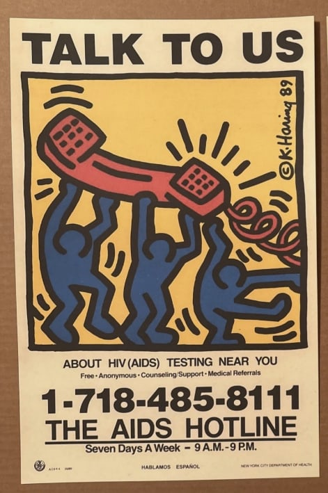 Keith Haring 1989 Aids Hotline Poster: Posters designed & illustrated by Keith Haring one year after Haring's own diagnosis, this advertisement series was displayed by the NYC Department of Health to raise awareness and help those in need