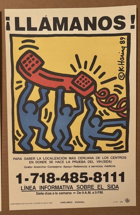Keith Haring 1989 Aids Hotline Poster Spanish: Spanish-language version of the 1989 AIDS hotline poster by Keith Haring, combining social activism with recognizable pop art imagery. Posters designed & illustrated by Keith Haring one year after