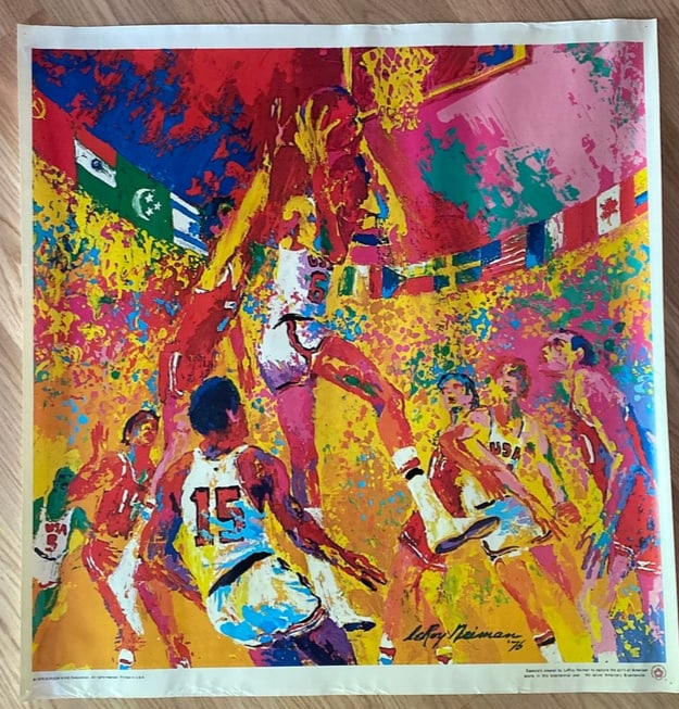 Leroy Neiman 1976 Olympics Basketball Poster: 1976 Olympics basketball poster by LeRoy Neiman, created during his tenure as an official Olympic artist and featuring his signature vibrant, energetic style. Measures 22x22.75