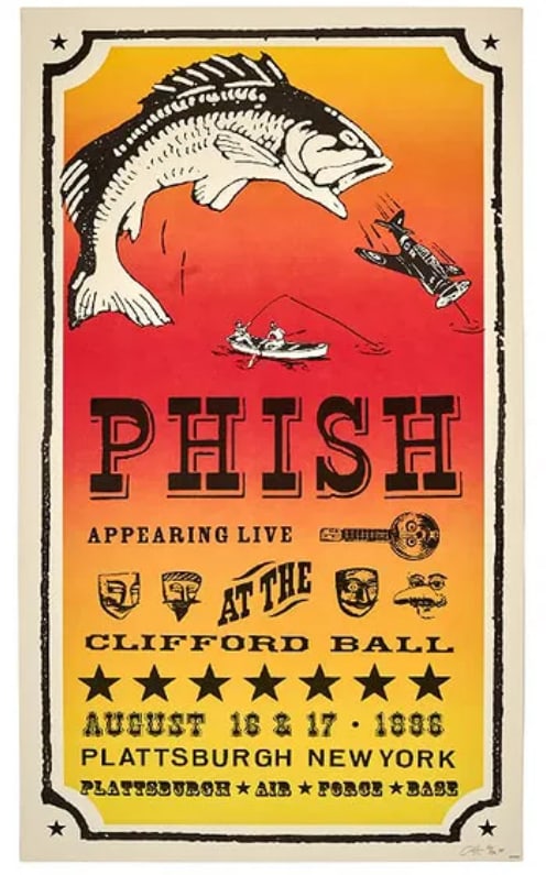 Phish Clifford Ball Concert Poster Signed: 1st printing Signed concert poster of only 20 made from Phish’s Clifford Ball festival, a landmark event in jam band history with strong collector appeal.