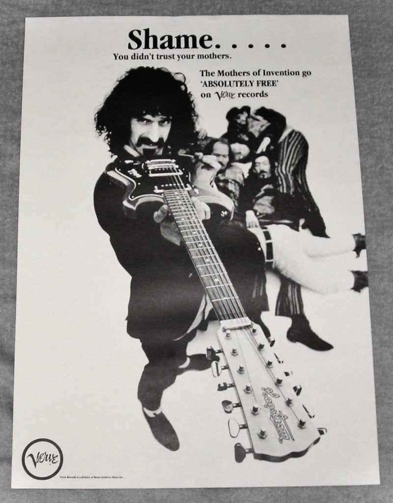 Frank Zappa Shame Poster: Vintage “Shame” poster connected to Frank Zappa, showcasing the musician’s irreverent humor and countercultural artistic style.