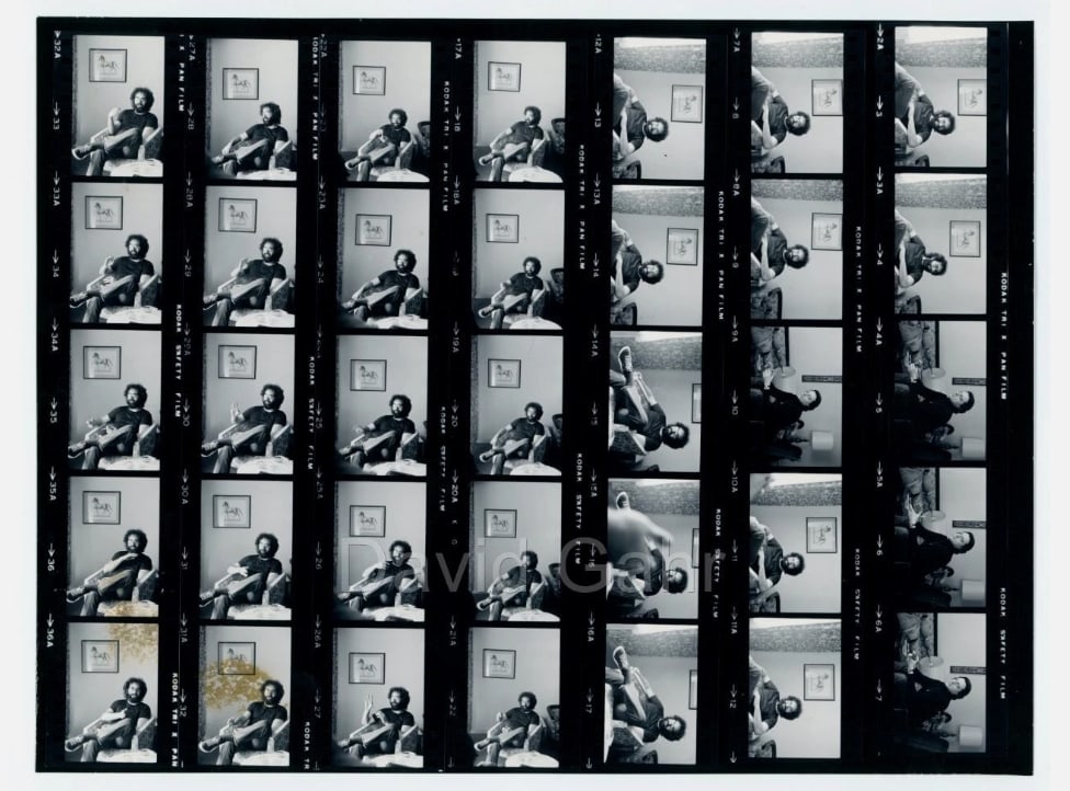 Jerry Garcia 1975 David Gahr Contact Sheet: 1975 contact sheet by photographer David Gahr featuring Jerry Garcia, capturing candid and performance-related imagery from the era. 8x10