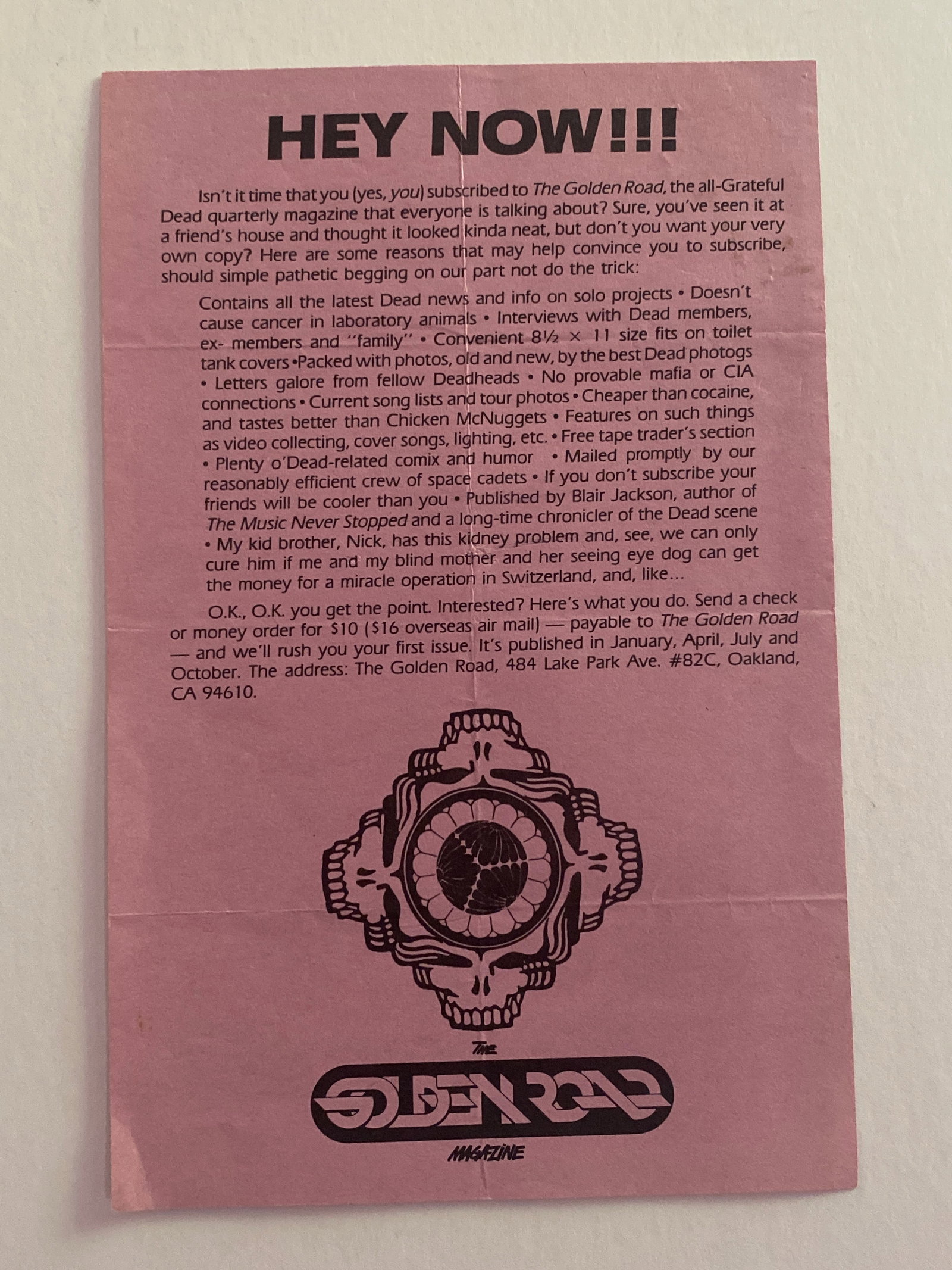 Grateful Dead Golden Road Mgazine Original Flyer: 1st Printing measures 8.5x5.5