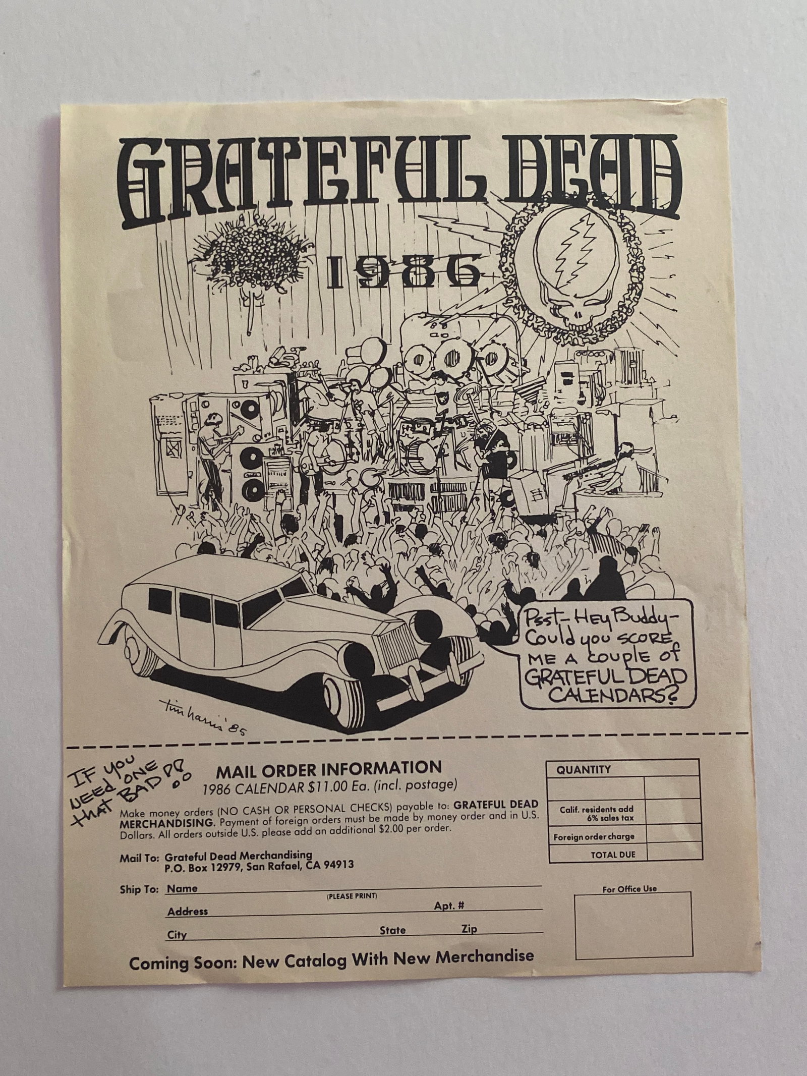 Grateful Dead 1986 Calander Mail Order Form: 1st printing