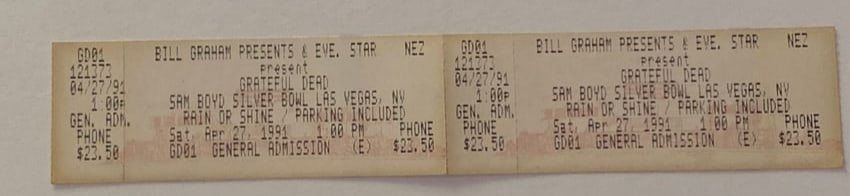 Grateful Dead 1991 Silver Bowl Unused Concert Tickets: Unused 1991 Silver Bowl concert tickets for Grateful Dead performances, preserved as collectible examples of original concert ephemera.