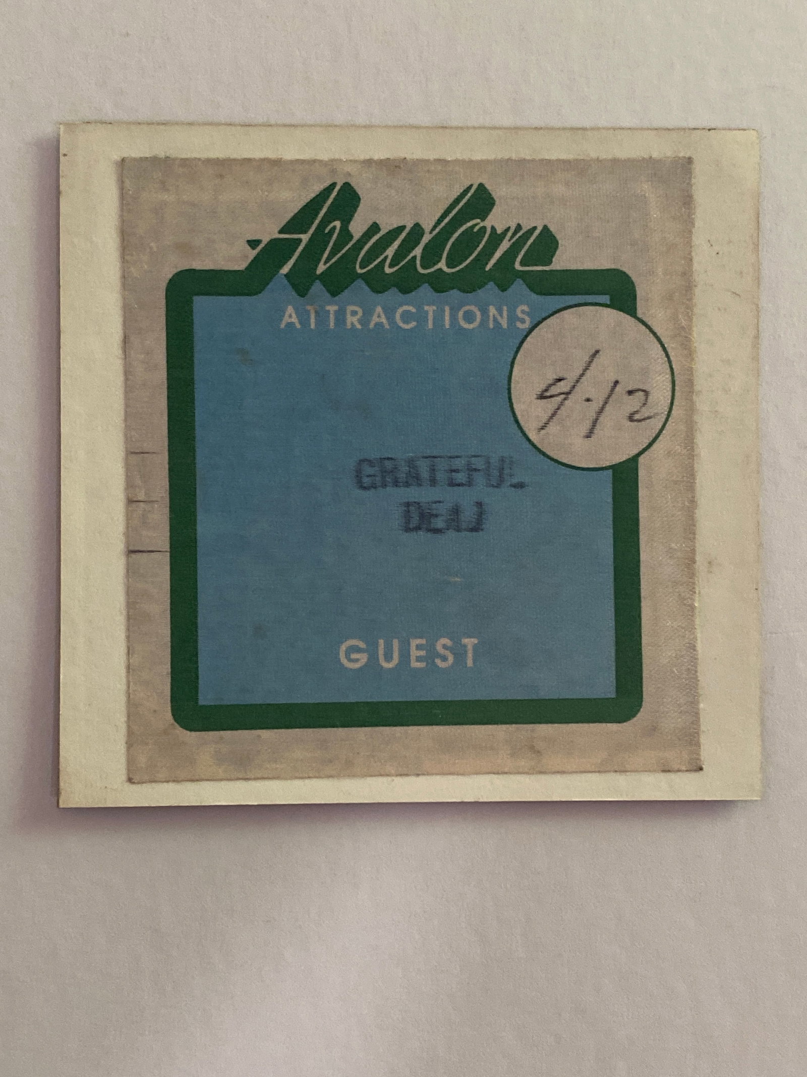 Grateful Dead Original Avalon Ballroom Backstage Pass: Sticker end of pass was attached to sticker end of blues for all the sticker