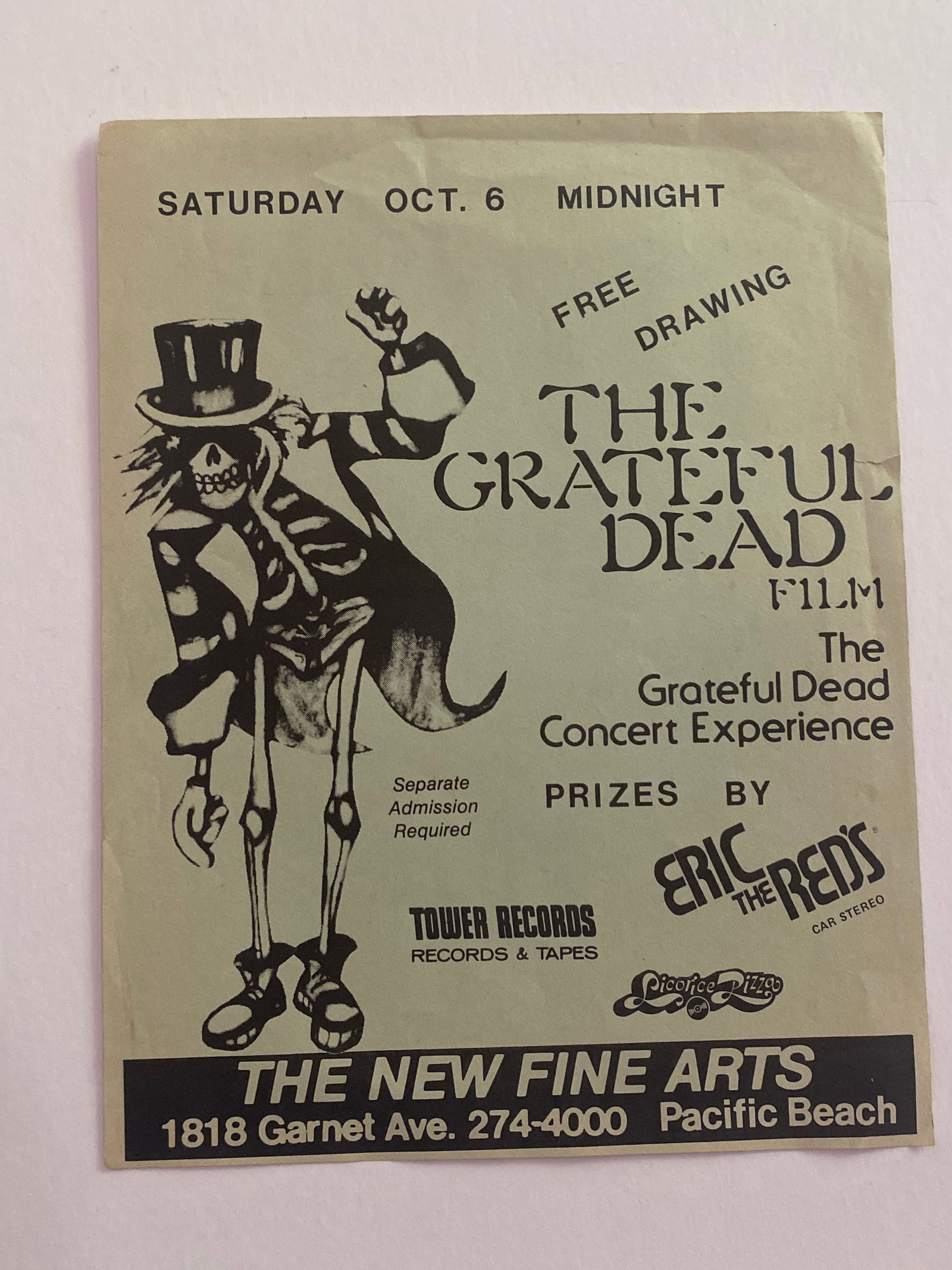 Grateful Dead Movie Event Flyer: Flyer promoting a Grateful Dead movie-related event, reflecting the band’s broader cultural influence beyond live performance.