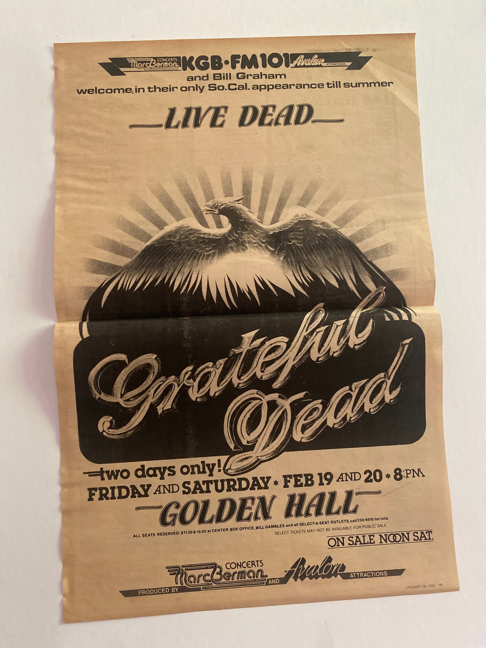 Grateful Dead 1982 Golden Hall Concert Ad Poster: Measures 16x10.5