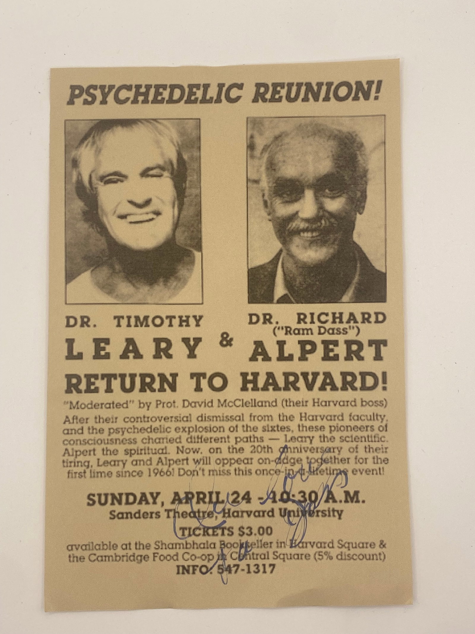 Ram Autograph Timothy Leary Harvard Flyer: 1st printing . Measures 7x4.5