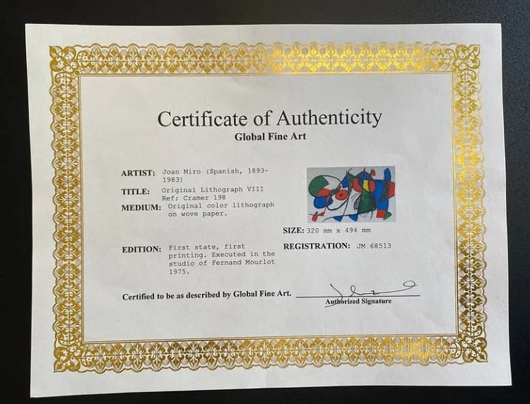 Joan Miro Original Lithograph COA - 2