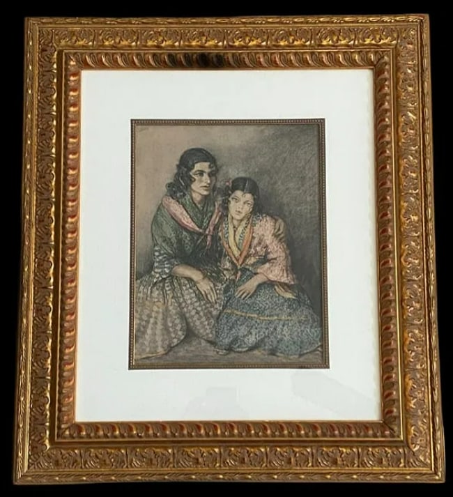 Edwuard Chimot 1948 Deux Filles Helio Engraving COA: Edwuard Chimot was a prominent figure in the French belle époque and Art Deco movements, and this 1948 helio engraving, Deux Filles, displays his signature focus on the sensuality and mood of his sub