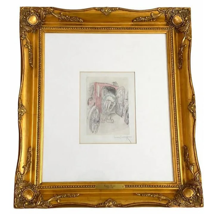 Louis Icart 1946 A Handy Carriage Color Etching: This 1946 color etching, A Handy Carriage, is a classic example of Louis Icart’s signature style, blending Parisian sophistication with playful charm. Icart’s use of the "drypoint" etching techniq